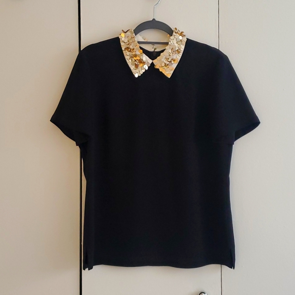 Trina Turk Black Fitted Shirt with White Sequined collar size Large